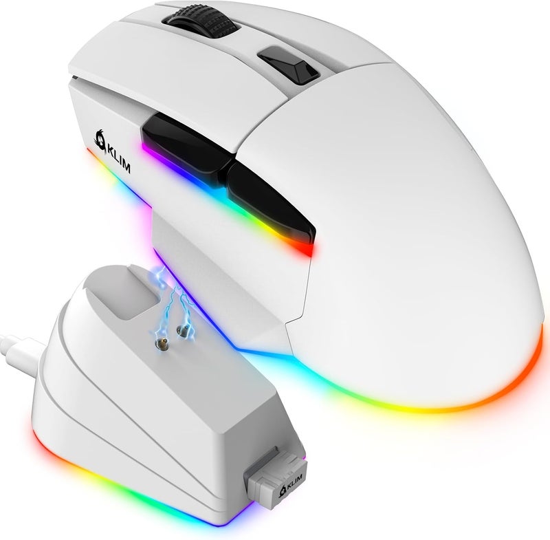 KLIM Blaze X RGB + New + Rechargeable Wireless Gaming Mouse with Charging Dock + Long-Lasting Battery + Up to 12000 DPI + Wired & Wireless Mouse PC, PS5, PS4, Mac + White - Image 1
